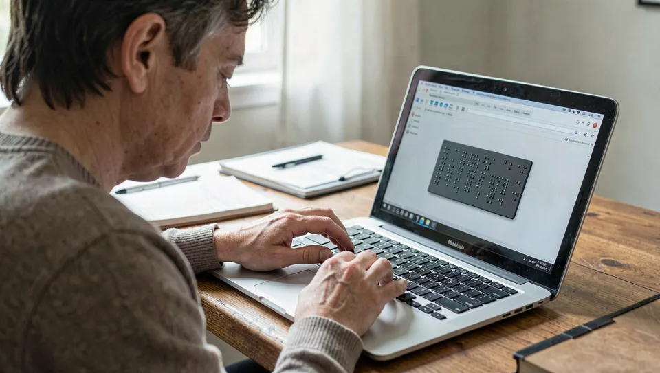 Pessoa cega utiliza um computador portátil equipado com uma linha Braille.