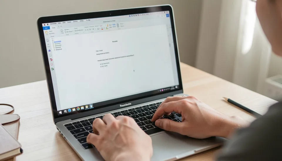 Mãos escrevem um documento de texto simples num computador portátil.