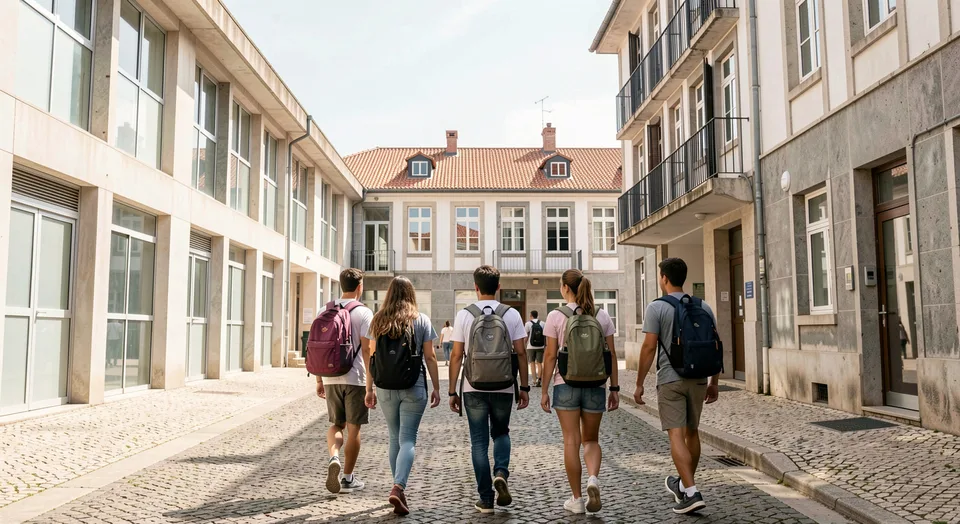 Estudantes circulam entre edifícios de um campus universitário.