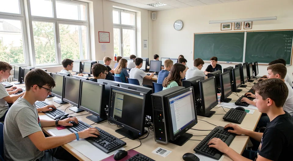 Sala de aula equipada com computadores e alunos a trabalhar.